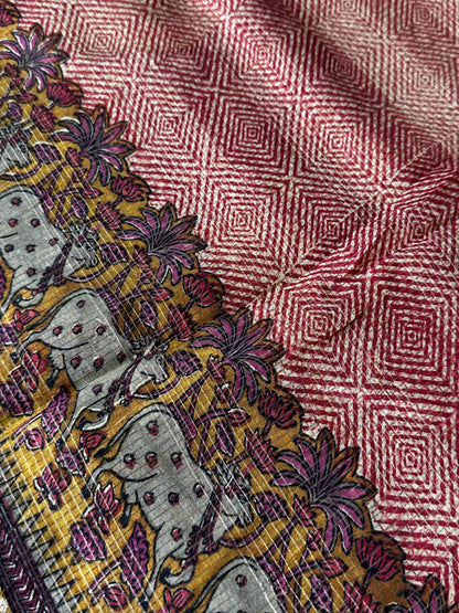 Red & Gold Chanderi Block Printed Saree | Pichwai Art