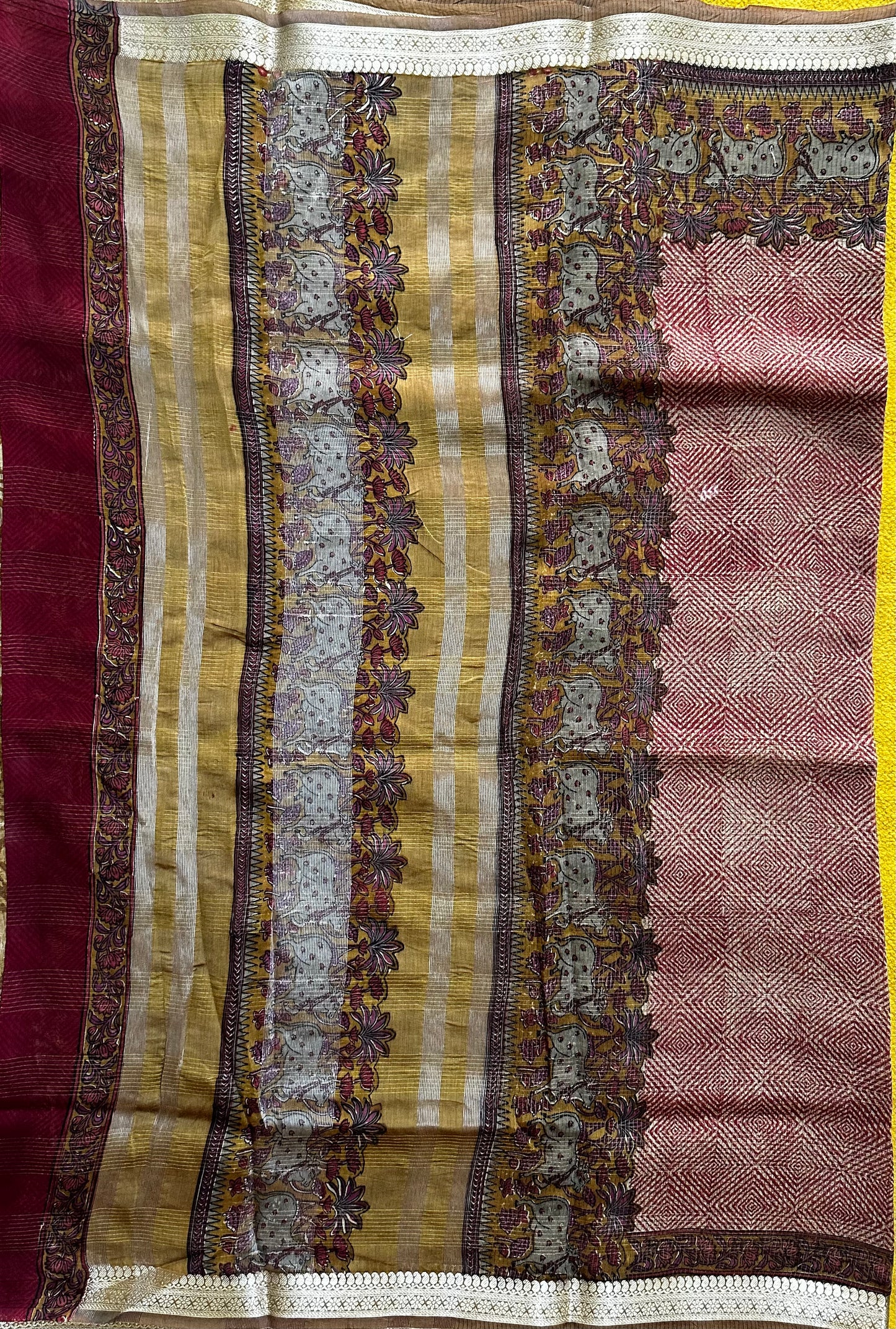 Red & Gold Chanderi Block Printed Saree | Pichwai Art