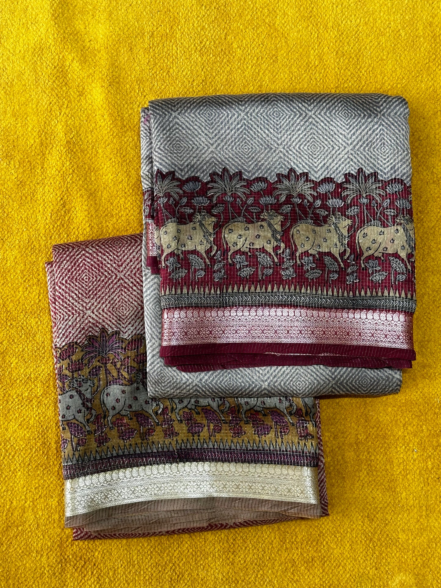 Red & Gold Chanderi Block Printed Saree | Pichwai Art