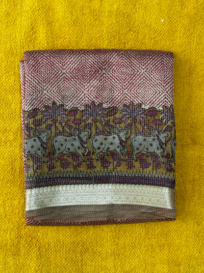 Red & Gold Chanderi Block Printed Saree | Pichwai Art