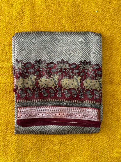 Red & Gold Chanderi Block Printed Saree | Pichwai Art