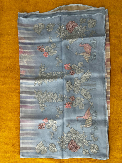 Pastel Blue Organza Saree | Stripe Print & Floral Bird Applique Embroidery