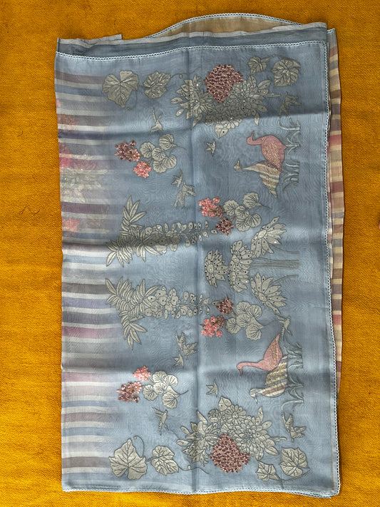 Pastel Blue Organza Saree | Stripe Print & Floral Bird Applique Embroidery