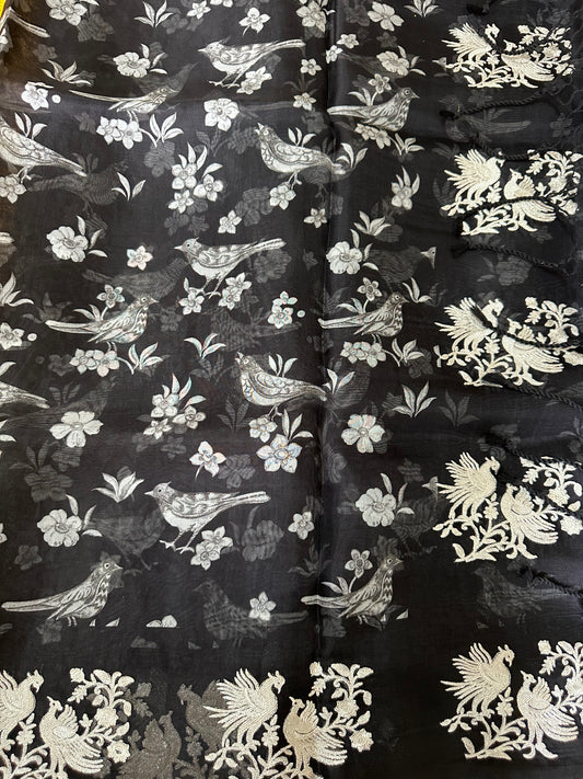 Black Pure Organza Silk Saree | Bird & Floral Print with Zari Embroidered Border