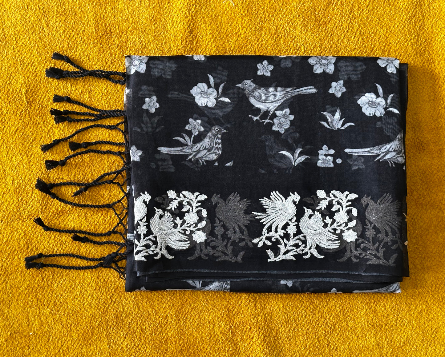 Black Pure Organza Silk Saree | Bird & Floral Print with Zari Embroidered Border