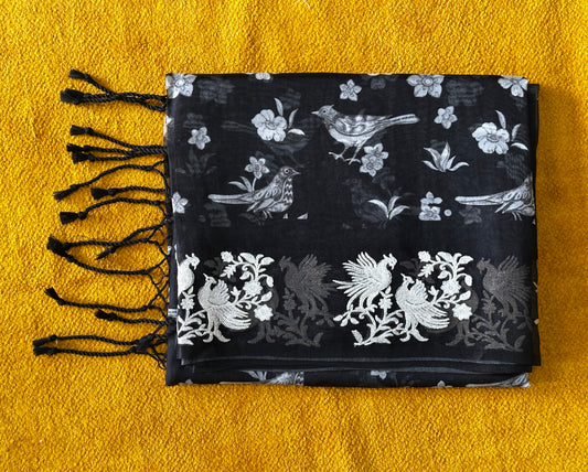 Black Pure Organza Silk Saree | Bird & Floral Print with Zari Embroidered Border