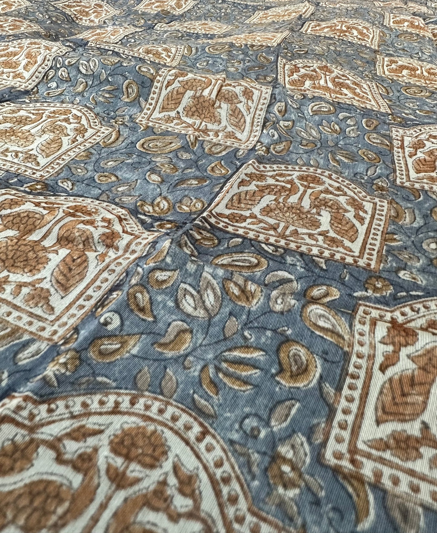 Grey Blue Chanderi Block Printed Saree | Peacock Motif