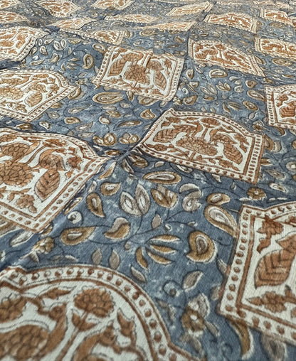 Grey Blue Chanderi Block Printed Saree | Peacock Motif