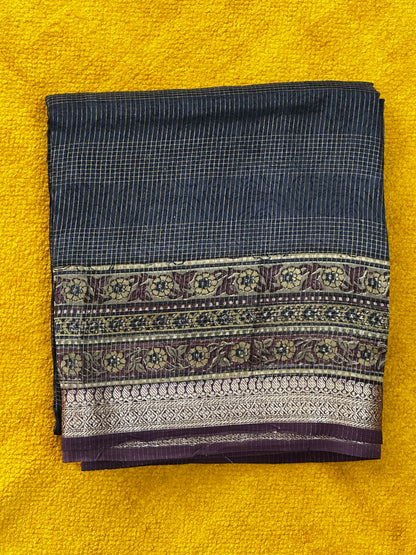 Blue Chanderi Block Printed Saree | Mehrab Floral Print & Gold Zari Border