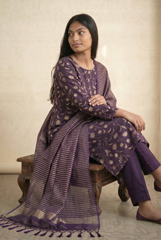 Deep Purple Pure Tussar Silk Suit Set | Floral Applique & Zari Stripe Dupatta