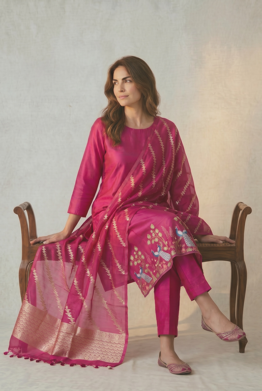 Magenta Pink Pure Organza Suit Set | Resham Peacock Embroidered Handloom Dupatta
