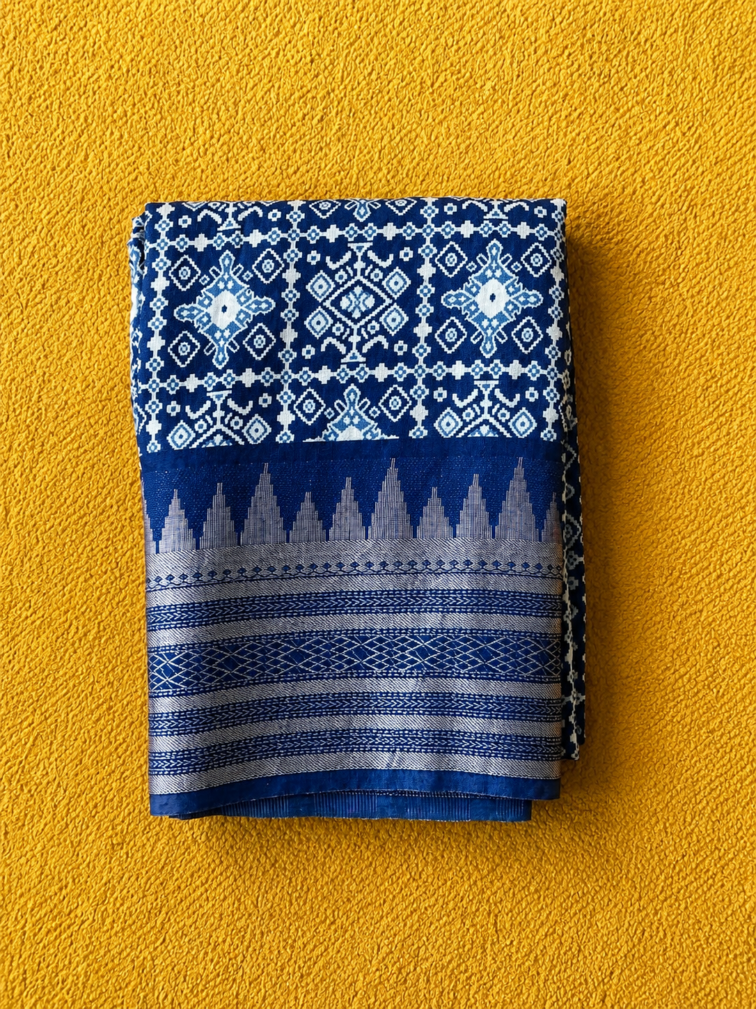 Royal Blue Assam Silk Saree | Geometric Ikat Weave & Temple Zari Border