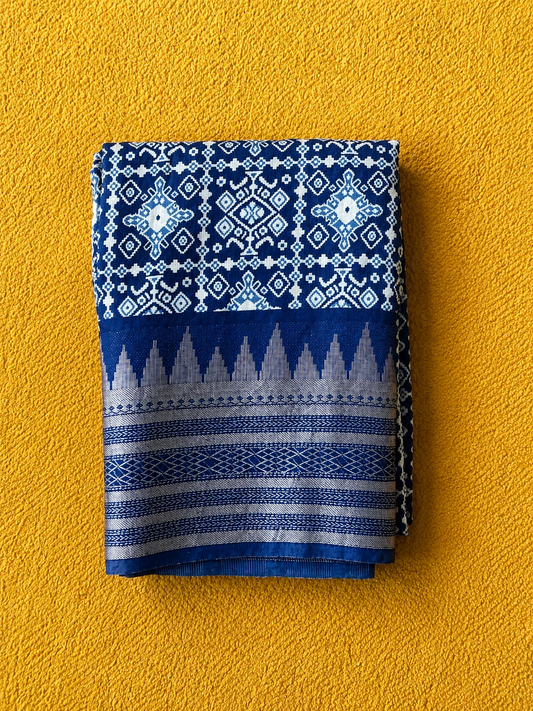 Royal Blue Assam Silk Saree | Geometric Ikat Weave & Temple Zari Border