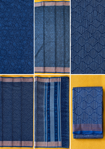 Indigo Blue Chanderi Block Printed Saree | Floral & Geometric Jaal