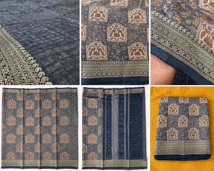 Grey Blue Chanderi Block Printed Saree | Peacock Motif