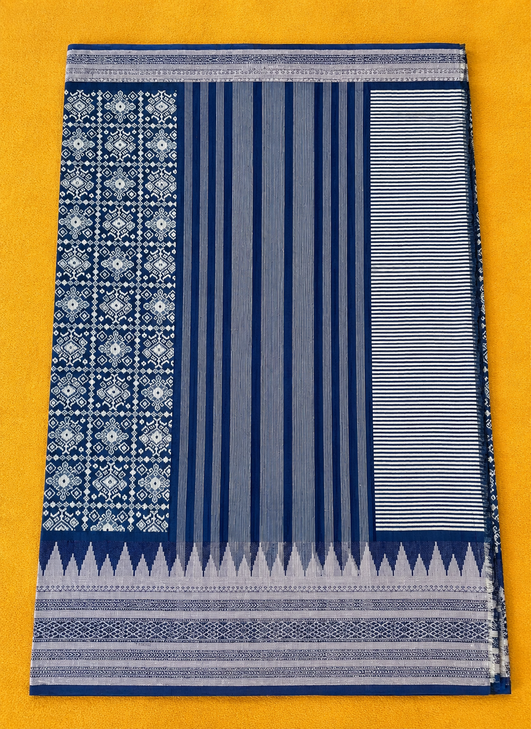 Royal Blue Assam Silk Saree | Geometric Ikat Weave & Temple Zari Border