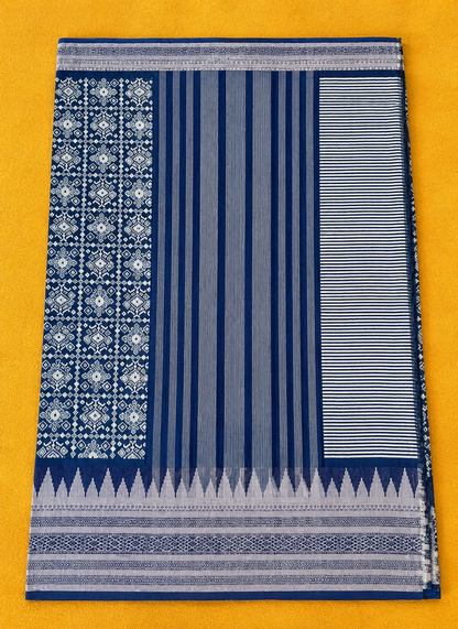 Royal Blue Assam Silk Saree | Geometric Ikat Weave & Temple Zari Border