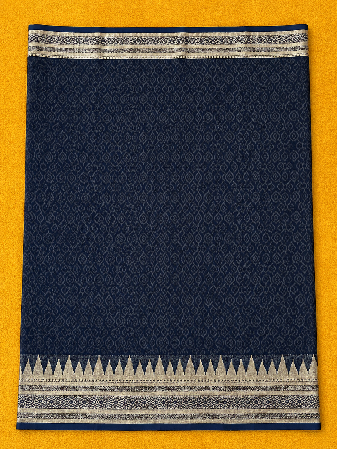 Royal Blue Assam Silk Saree | Geometric Ikat Weave & Temple Zari Border