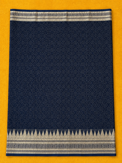 Royal Blue Assam Silk Saree | Geometric Ikat Weave & Temple Zari Border