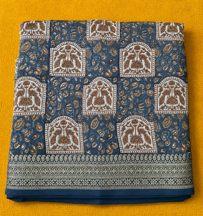 Grey Blue Chanderi Block Printed Saree | Peacock Motif