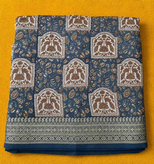 Grey Blue Chanderi Block Printed Saree | Peacock Motif