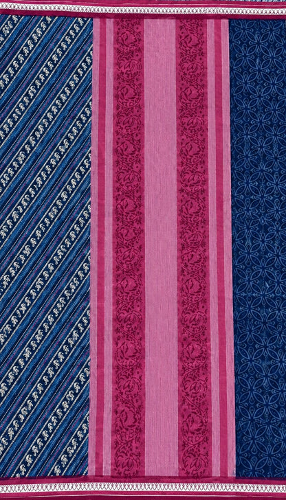Blue & Red Chanderi Saree | Diagonal Print & Kantha Embroidery