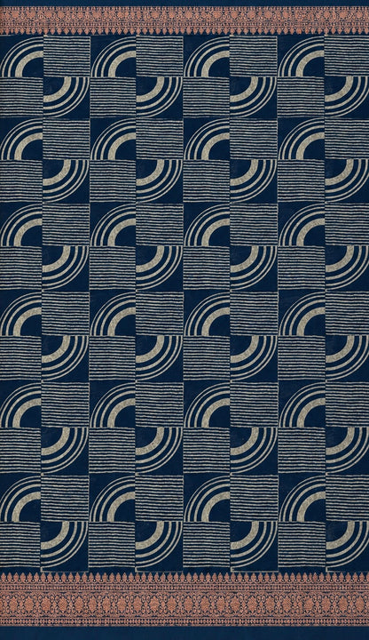Blue Chanderi Block Printed Saree | Geometric Arc & Zari Border