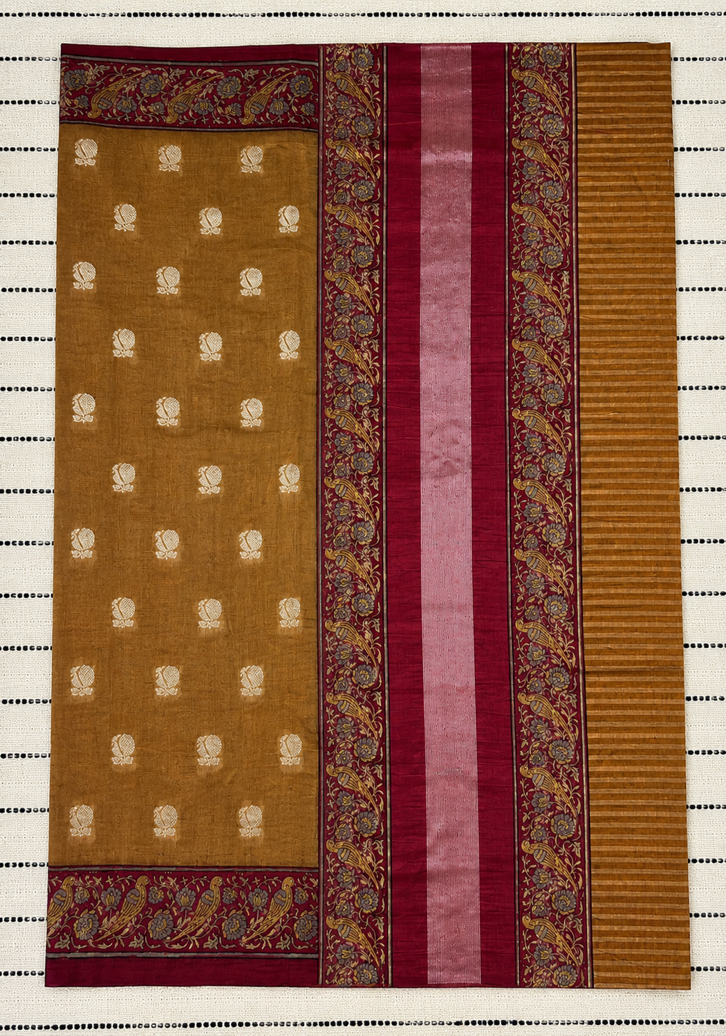 Golden Chanderi Saree | Zari Bird Buti & Printed Peacock Border