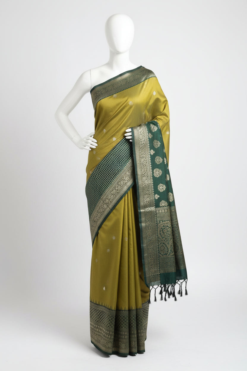 SeaweedGreen n BottleGreen-Checks Border-Kanchivaram Silk Saree