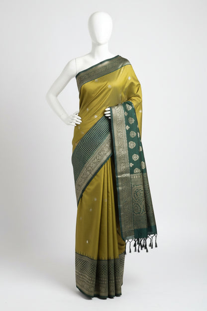 SeaweedGreen n BottleGreen-Checks Border-Kanchivaram Silk Saree