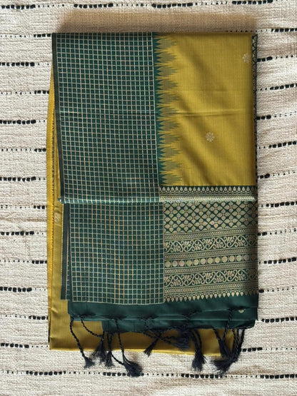 SeaweedGreen n BottleGreen-Checks Border-Kanchivaram Silk Saree