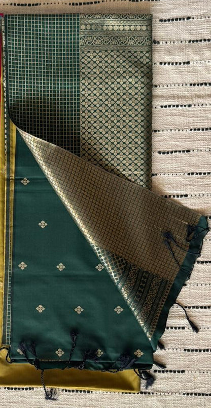 SeaweedGreen n BottleGreen-Checks Border-Kanchivaram Silk Saree