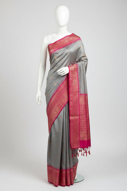 Grey n Pink-Butta Design-Kanchivaram Soft Silk Saree