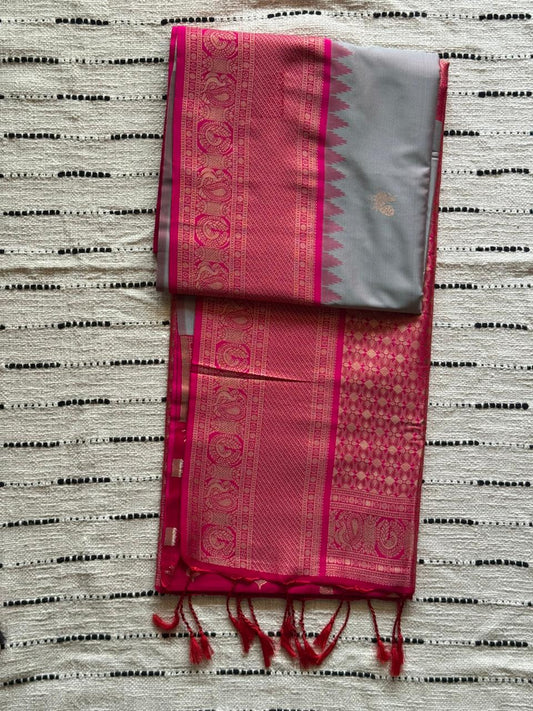 Grey n Pink-Butta Design-Kanchivaram Soft Silk Saree