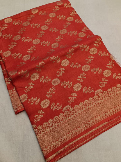 Orange-Geometric Floral Pattern-Banaras Crepe Saree