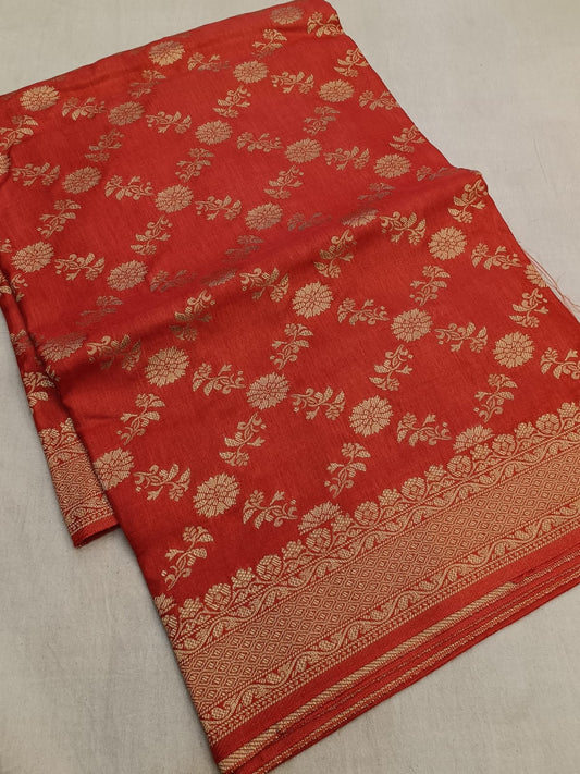 Orange-Geometric Floral Pattern-Banaras Crepe Saree
