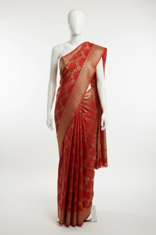 Orange-Geometric Floral Pattern-Banaras Crepe Saree