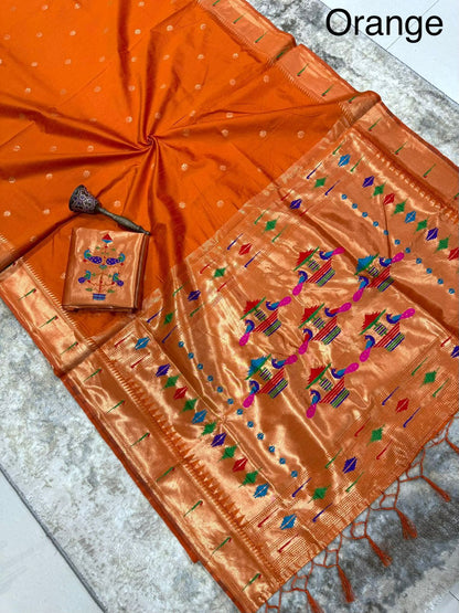 Orange paithani design small butta khadi raw silk saree