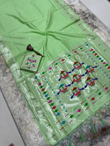 PastelGreen-Paithani-Small Butta-Khadi Raw Silk Saree
