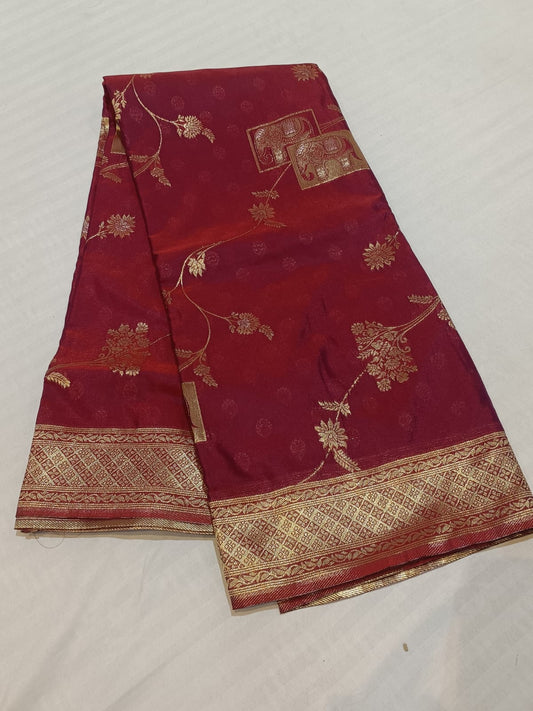 Maroon-Thread Weaving-Elephant Design-Banaras Tissue Saree