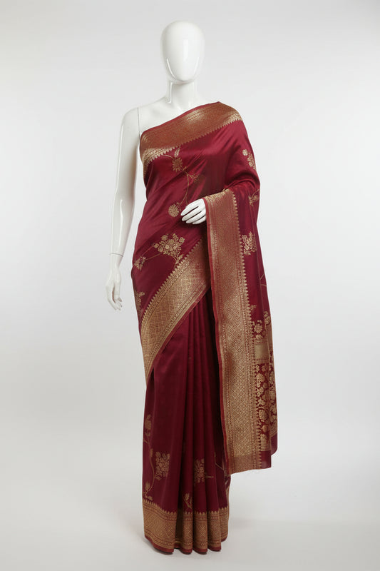 Maroon-Thread Weaving-Elephant Design-Banaras Tissue Saree