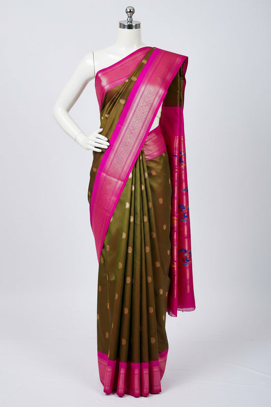SeaweedGreen n Pink-Mango Butta-Banarasi Silk Saree