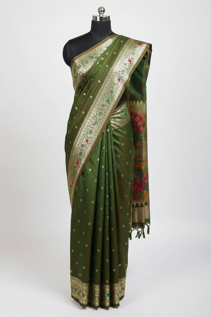 SeaweedGreen-Peacock Design-Banarasi Silk Saree