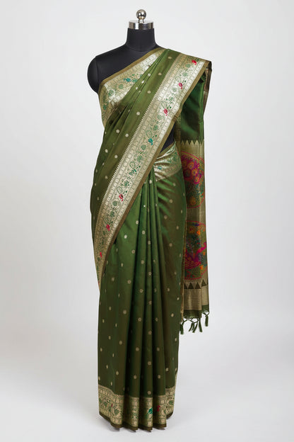 SeaweedGreen-Peacock Design-Banarasi Silk Saree