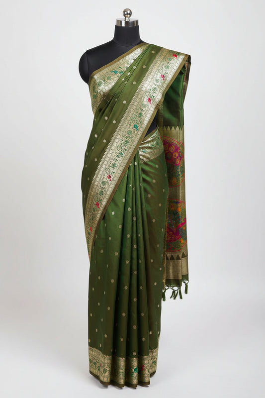 SeaweedGreen-Peacock Design-Banarasi Silk Saree