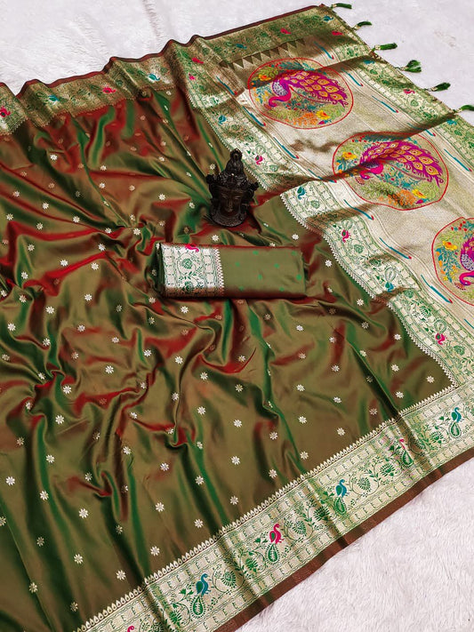 SeaweedGreen-Peacock Design-Banarasi Silk Saree