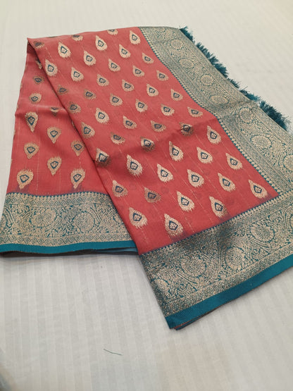 Pink n Green-Butta Design-Banarasi Semi Silk Saree