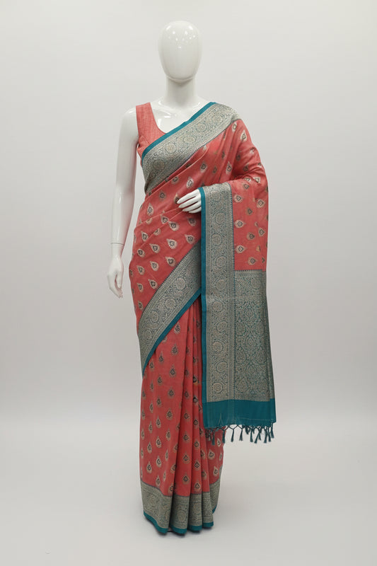 Pink n Green-Butta Design-Banarasi Semi Silk Saree