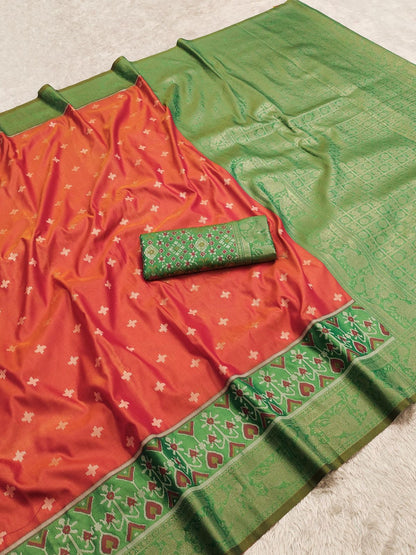 Orange n Green-Ikkat-Pochampalli Silk Saree
