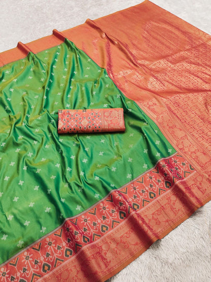 Green n Orange-Ikkat-Pochampalli Silk Saree